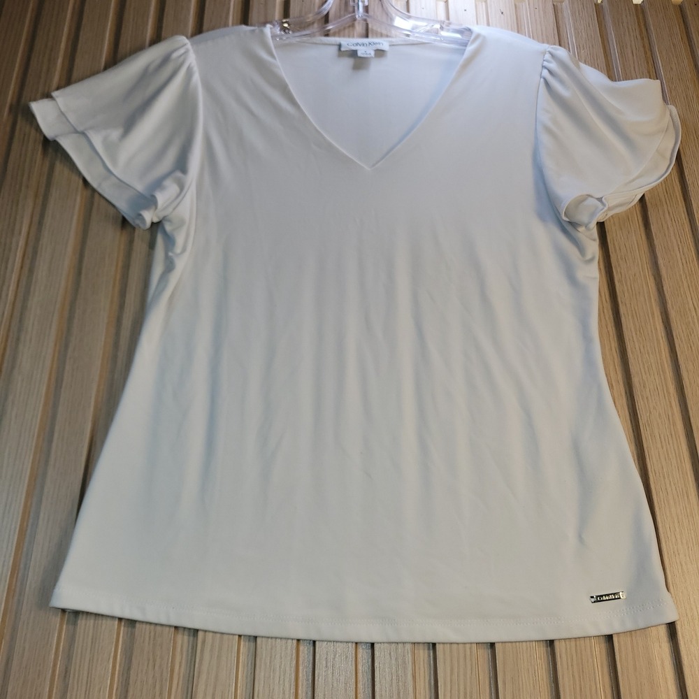 Calvin Klein Womens White V-Neck Flutter Sleeve Blouse Silver Logo Size S